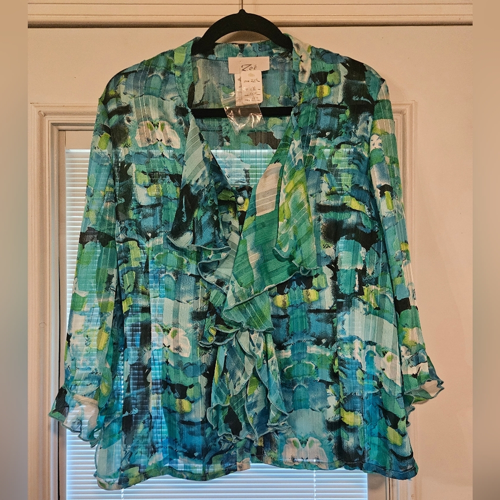 Sz 16 Zoe Women's Blue Green Ruffle Top With Tank Top NWT
